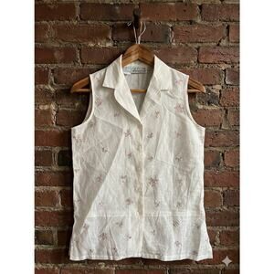 Carlie’s Court 100% Linen Floral Embroidered Blouse Petite M Cottagecore Coastal